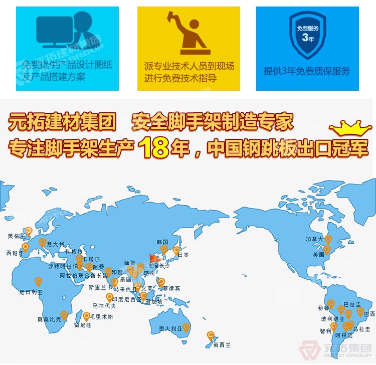 元拓建材集團，安全腳手架制造專家！專注腳手架生產(chǎn)18年，中國鋼跳板出口冠軍！